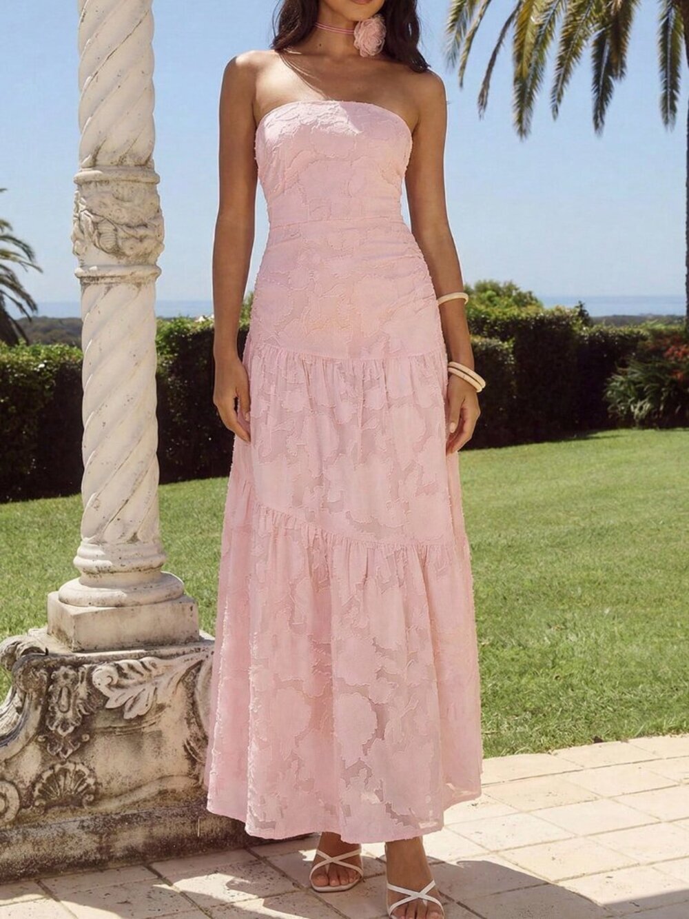 Pink Elegant Women's Romantic Jacquard Maxi Tube Dress - Picture 1 of 9